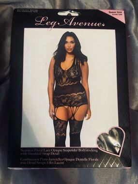 Leg Avenue Queen Size Black Floral Lace Suspender Bodystocking